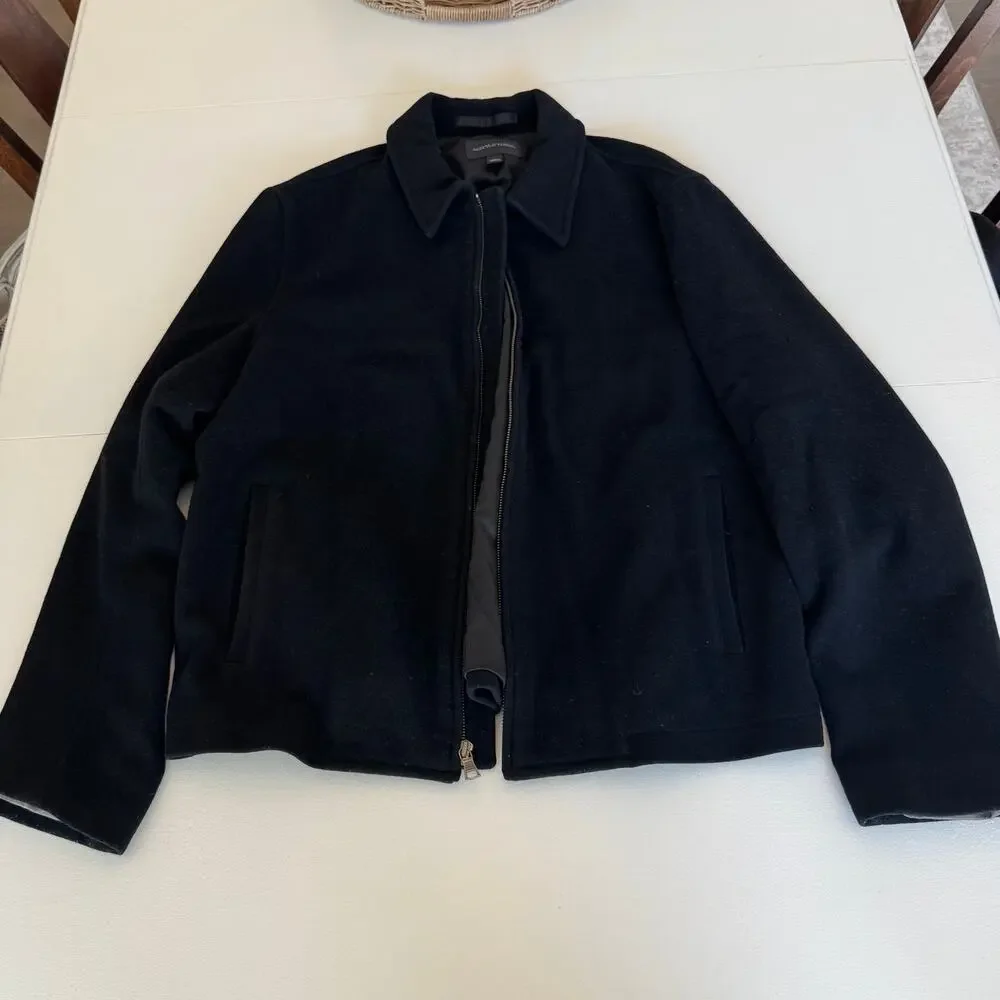 Vintage Banana Republic Men's Wool Cashmere Black Full Zip Collared Coat Large